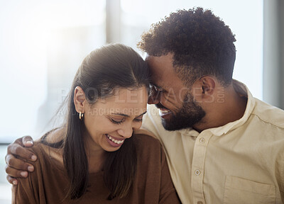Buy stock photo Couple, black people and love hug of a girlfriend and boyfriend with a smile together. Anniversary of happiness of a woman and man in a home laughing at a funny joke with happy bonding and affection