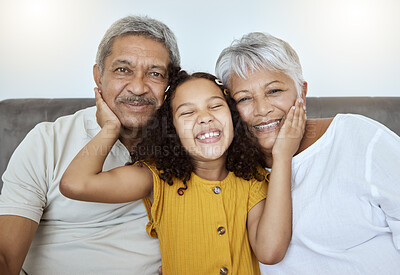 Buy stock photo Love, grandparents and girl being happy, smile and bonding together, embrace or together on living room couch. Grandfather, grandmother and grandchild portrait, enjoy visit and happiness on home sofa