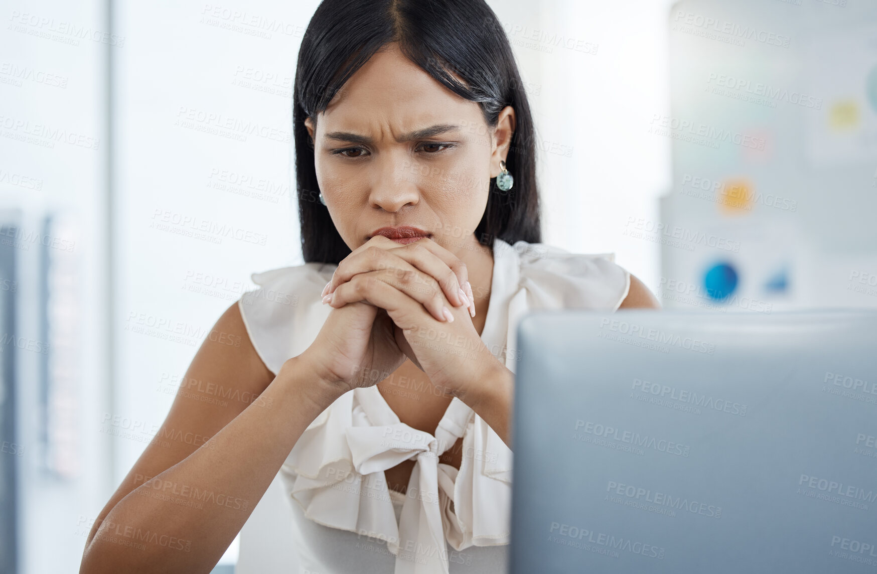 Buy stock photo Stress, anxiety and business woman on laptop working in office with financial mistake, 404 glitch or security scam. Woman, worry and burnout by designer, employee and worker concerned about phishing