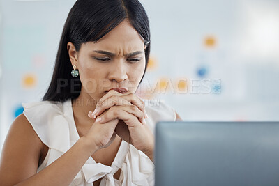 Buy stock photo Anxiety, stress and business woman on laptop in office, reading email of phishing, 404 or glitch. Thinking, worry and burnout with corporate employee frustrated by loan rejection and startup fail