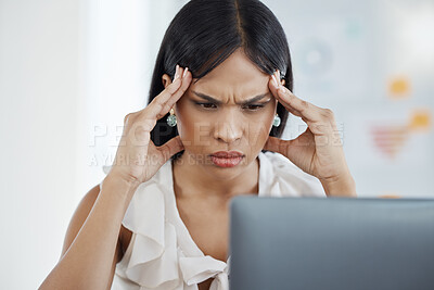 Buy stock photo Stress woman burnout, office computer and tired anxiety headache while working in digital marketing company. Frustrated corporate girl, mental health emergency and depression in advertising workplace
