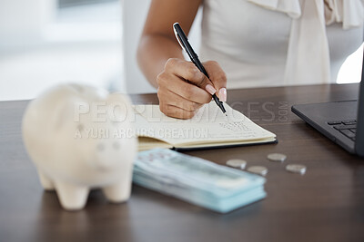 Buy stock photo Money, piggy bank and budget hands planning finance, writing in notebook for savings account or online laptop banking. Cash, coins and silver business woman financial accounting, investment or salary