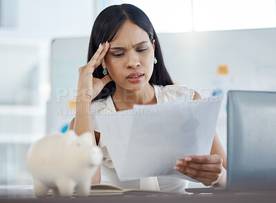 Buy stock photo Work stress, headache and business woman with office documents working on a tax audit. Asian employee feeling anxious with job burnout about company report deadline and staff policy information