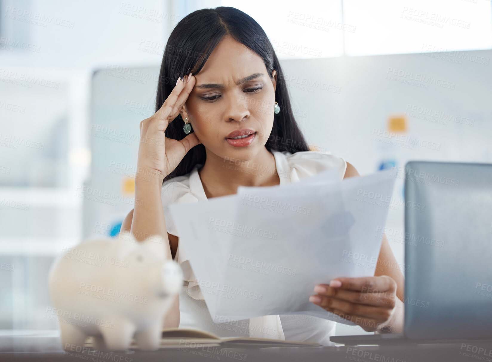 Buy stock photo Work stress, headache and business woman with office documents working on a tax audit. Asian employee feeling anxious with job burnout about company report deadline and staff policy information