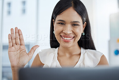 Buy stock photo Black woman, video call wave and smile in office for corporate communication, friendly business meeting and positive job discussion. Happy employee, online video conference and 5g network connection 