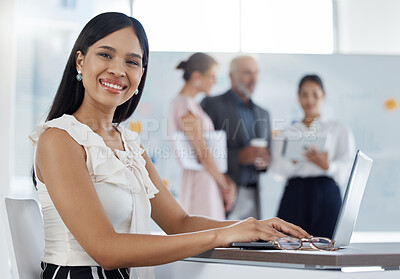 Buy stock photo Laptop, smile and portrait of business woman and working on management, email and data planning. Internet, innovation and technology with employee at desk in office for digital, website and research
