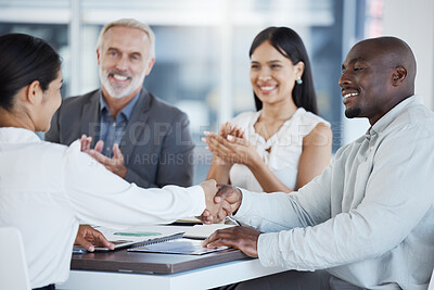 Buy stock photo Handshake, b2b and welcome with team clapping, meeting and smile for deal, collaboration and teamwork at a office. Thank you, partnership and business people trust company support for goal or target