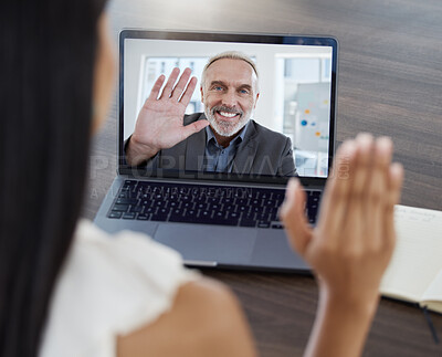 Buy stock photo Video call, virtual business meeting and wave hand using laptop for online streaming connection for employees working worldwide. 5g network wifi, ceo leadership and corporate boss talking with staff 