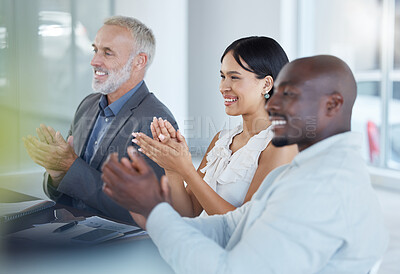 Buy stock photo Business, presentation and success celebration of a corporate team clapping in a meeting. Business meeting, teamwork and target goal completion of a working office group support with diversity