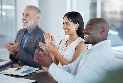Buy stock photo Business meeting applause, success and celebration in a corporate diversity presentation. Happy office team, work and company strategy of a working employee group clapping for a collaboration seminar