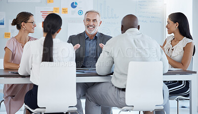 Buy stock photo Financial meeting, business people and happy leader in a business meeting with team in office, smile and innovation. Planning, budget and strategy with mature boss sharing goal, vision and mission 