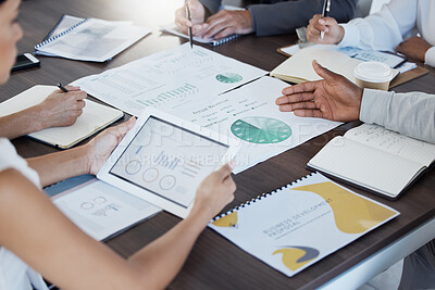 Buy stock photo Strategy, planning and review with hands of business people in meeting for finance, growth and teamwork. Collaboration, goals and research with employee in office for analytics, investment and chart