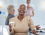 Black woman, coffee and laughing office employee in a team meeting feeling happy about work. Portrait of a working bald worker from New York feeling happiness hearing a funny joke at advertising job