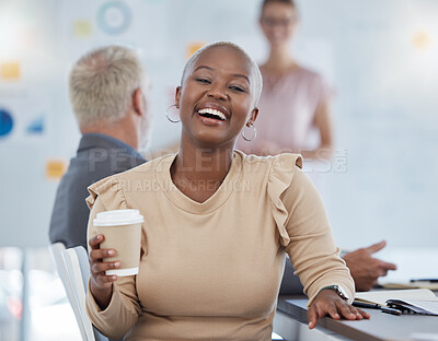 Buy stock photo Black woman, coffee and laughing office employee in a team meeting feeling happy about work. Portrait of a working bald worker from New York feeling happiness hearing a funny joke at advertising job