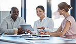 Business meeting, team diversity and tablet in office employee collaboration discussing a sales plan, vision and strategy. Leadership, company teamwork and financial management plan boardroom success