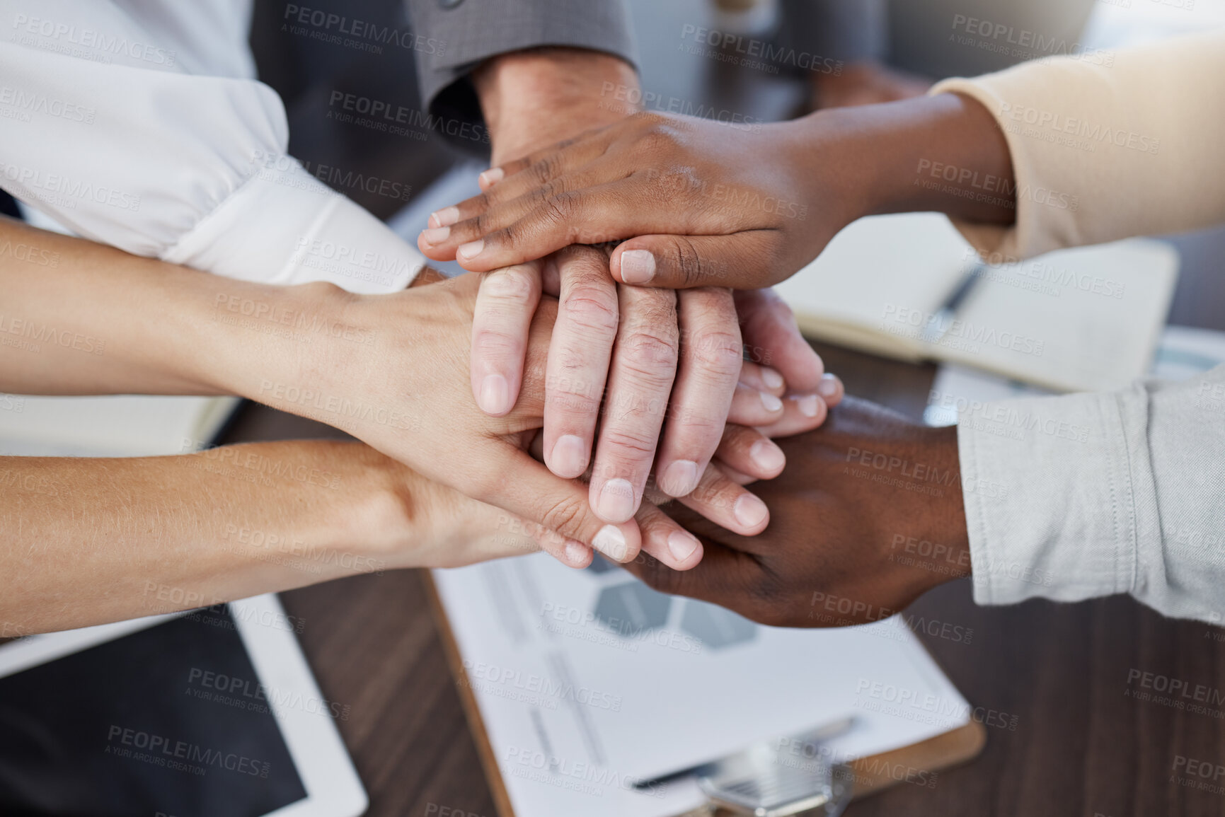 Buy stock photo Team building, diversity and hands of business people in a meeting to support collaboration for our vision and mission. Global, teamwork and workers planning a strategy for goals and company target