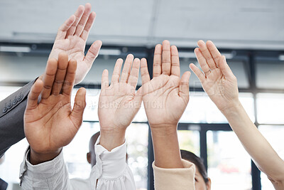 Buy stock photo Hands, teamwork and motivation with a business man and woman group raising a hand in unity or solidarity. Meeting, goal and collaboration with a male and female employee team cheering in celebration