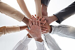 Hands together, teamwork and collaboration support of staff showing trust, success and community. Team and business goal motivation of a corporate group with a career and solidarity hand gesture