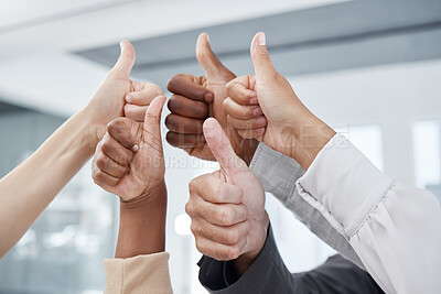 Buy stock photo Thumbs up, team and success hand sign to show work community, solidarity and thank you. Office business collaboration, teamwork and yes hands gesture of people with diversity together in agreement