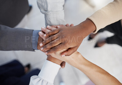 Buy stock photo Hands, teamwork and collaboration of business people working in community for goal. Support, trust and group hand motivation team building circle or diversity for work vision, success or target
