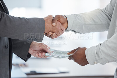 Buy stock photo Handshake, money and crime with a business man taking a bribe in the office for a deal or agreement. Finance, payment and fraud with a male employee shaking hands in a partnership of corruption