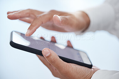 Buy stock photo Businessman hands working with phone screen with in a office online on a mobile. Digital, internet and web app of a business planning a web email or strategy for a project, networking or text contact