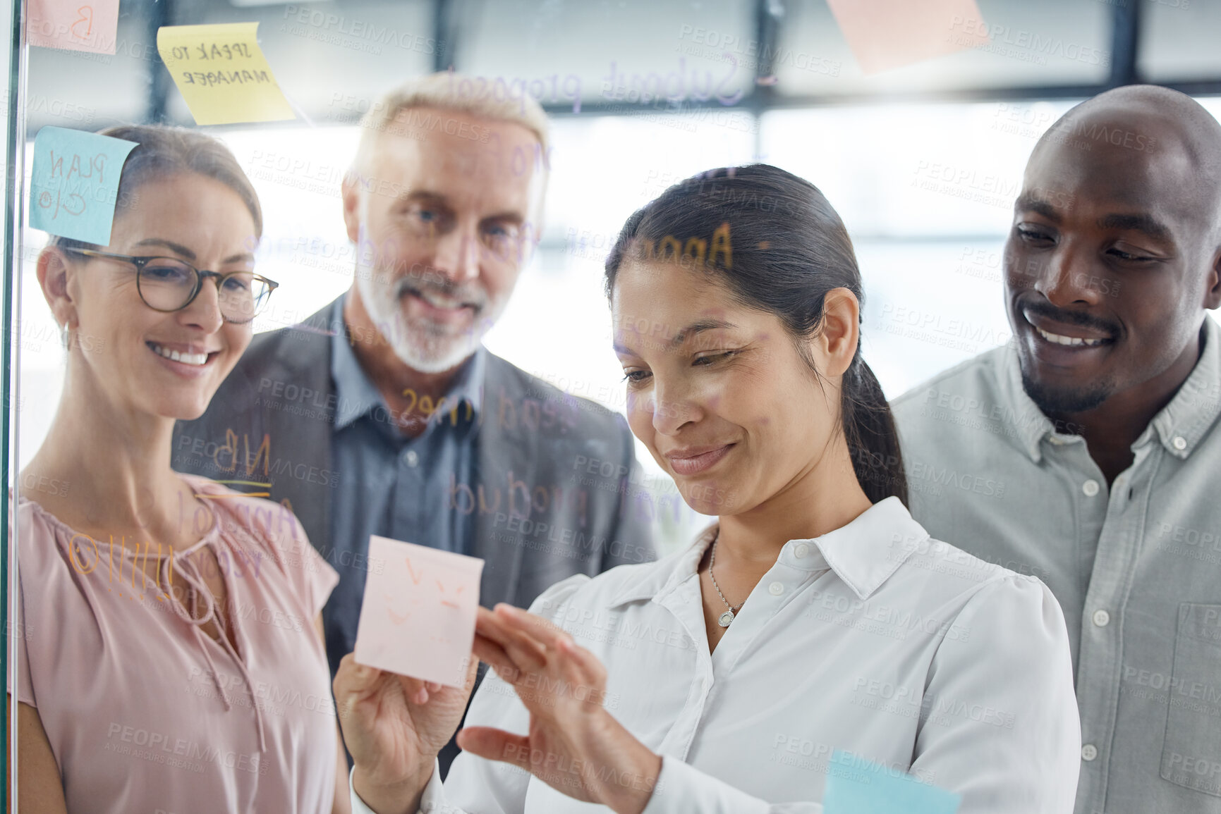 Buy stock photo Business people, meeting and schedule planning on sticky note for creative, strategy and vision idea sharing in office. Glass, wall and team collaboration on innovation, design and teamwork goal