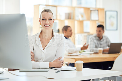 Buy stock photo Portrait, business woman and computer in office or corporate workplace working with a smile. Happy worker, company employee or manager and leader at desk with career motivation, vision and mission.