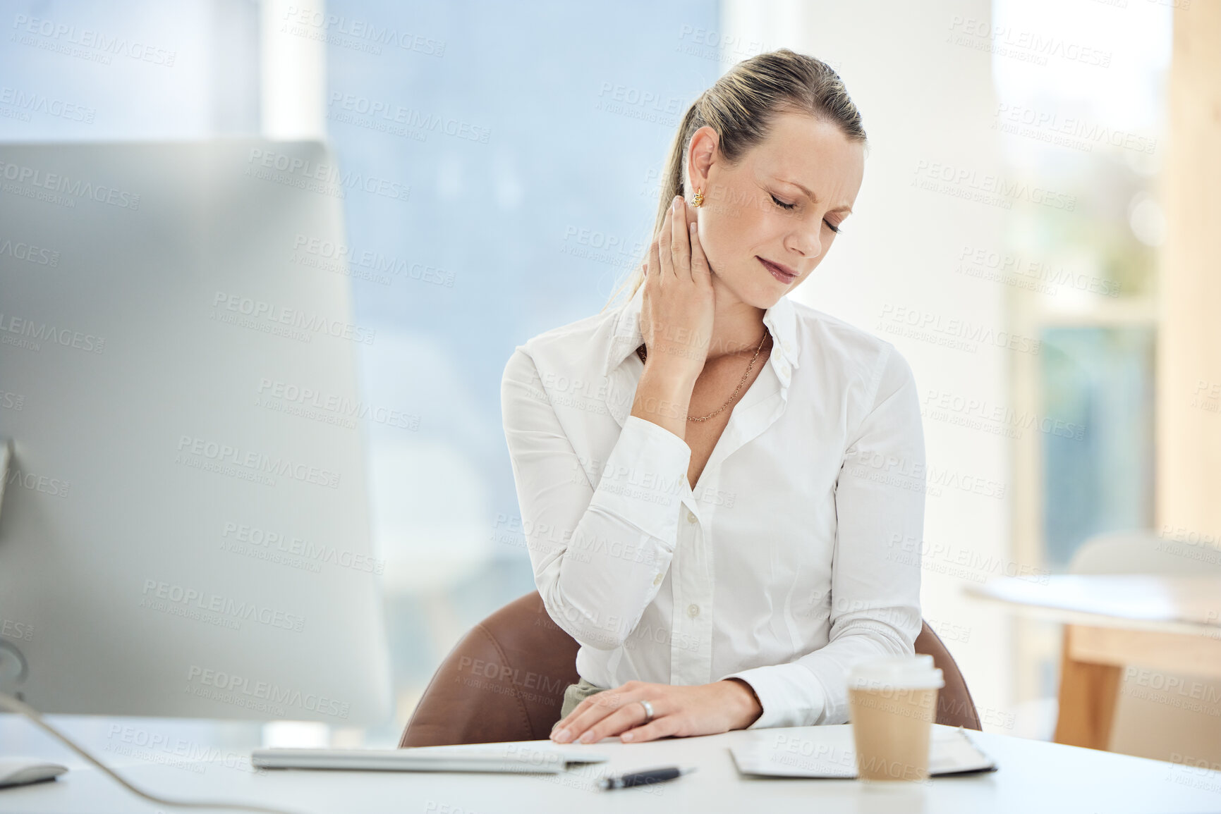 Buy stock photo Stress, burnout and neck pain with business woman in office  and massage for anxiety, tired and headache. Research, exhausted and accountability with employee working on computer at desk with injury