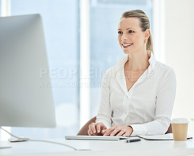 Buy stock photo Office, computer and business woman typing, working on web project or reading email. Pc, tech or happy female from Canada busy on marketing data, digital search or online planning or internet surfing