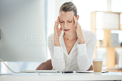 Buy stock photo Work stress, headache and office burnout of a business woman experience a computer glitch. Working employee with a 404, audit and online problem feeling anxiety and mental health issue at her job