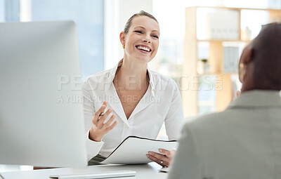 Buy stock photo Recruitment, interview and hr professional talking to a new employee for onboarding with cv or hiring paperwork. Happy, corporate and manager with a management report or document in her modern office