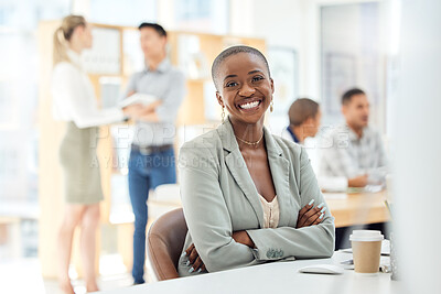 Buy stock photo Portrait, business woman and proud leader working at corporate job in office, happy and excited. Black woman, ceo and vision for success with lady smile, relax and confident with diverse colleagues