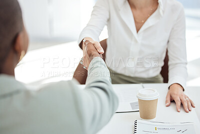 Buy stock photo Business women, handshake and partnership deal in b2b meeting, welcome and thank you at company office. Shaking hands for teamwork, contract and support in interview, recruitment or hiring woman