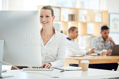 Buy stock photo Startup, smile or business woman with laptop for design research, creative idea or social media web design. Happy, employee or ecommerce for website planning, data analysis or marketing KPI