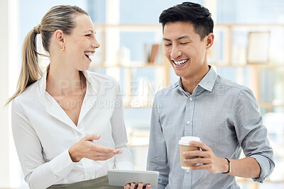 Buy stock photo Diversity, startup and employees with smile, tablet and happy conversation laughing at creative marketing agency office. Coffee, teamwork and idea sharing at business, woman and man talk on project.