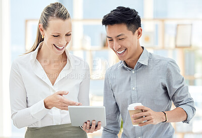 Buy stock photo Tablet, teamwork and communication with a business woman and asian man talking or planning in their office. Meeting, strategy and collaboration with a male and female employee working on strategy