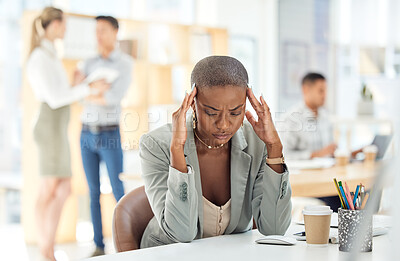 Buy stock photo Black woman, stress and headache being overworked, experience burnout and frustrated with work at desk in office. Female employee, girl and business with mental health, feeling pain and exhausted.