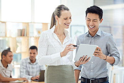 Buy stock photo Business employees with tablet in meeting, people in corporate working together in Toronto or happy strategy planning. Professional white woman, happy asian man in tech job or company collaboration