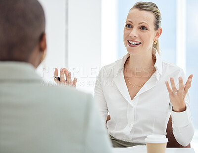 Buy stock photo Communication, planning and employees in a meeting, interview or partnership for business in office at work. Happy, smile and manager talking to a worker about a strategy for marketing at the company
