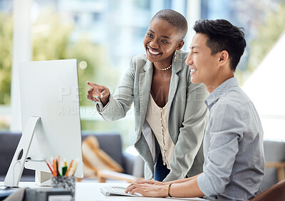 Buy stock photo Happy, business people and training on a computer for web design, logo and creative marketing by creative, smile and team. Black woman, coaching and online results with asian man planning design