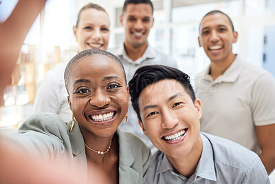 Buy stock photo Diversity, business people selfie and team portrait, group and  digital marketing collaboration or seo team building. Happy workplace, smile together and teamwork with technology and connection.