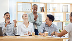Business people, diversity and laughing in meeting at the office for funny team development at the workplace. Group of employee workers joke, laugh and share in collaboration, strategy or fun time