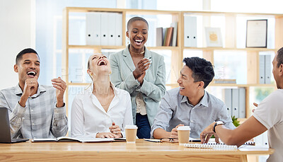 Buy stock photo Business people, diversity and laughing in meeting at the office for funny team development at the workplace. Group of employee workers joke, laugh and share in collaboration, strategy or fun time