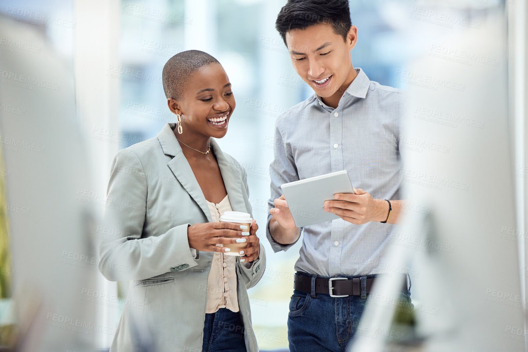 Buy stock photo Happy, business people and digital tablet planning in office with creative, design and team discuss online project. Planning, strategy and asian man share mission, vision and goal with black woman 