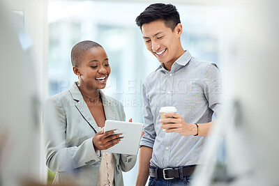 Buy stock photo Tablet, smile and employees talking about business on the internet, online partnership and reading an email together at work. Marketing workers with idea for creative collaboration on technology