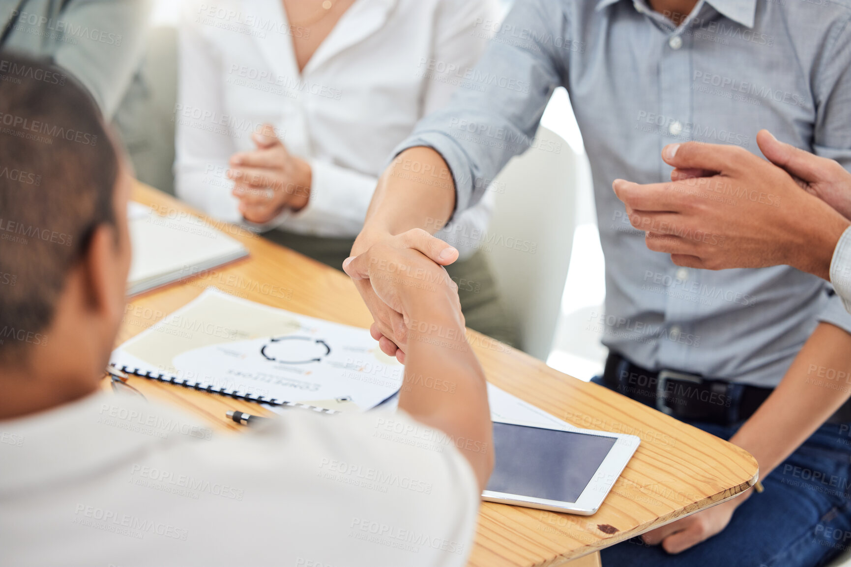 Buy stock photo Business people, handshake and meeting for b2b, collaboration or partnership in trust at the office. Hands of employee workers shaking for deal, opportunity or promotion in team support or welcome