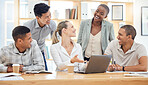 Business team, working and office break of teamwork, collaboration and diversity work group. Corporate people laughing together showing solidarity and company trust busy with a workplace meeting