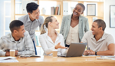 Buy stock photo Business team planning, working and office laptop of teamwork, collaboration and work group. Corporate people laughing together showing solidarity and company online busy with a workplace meeting