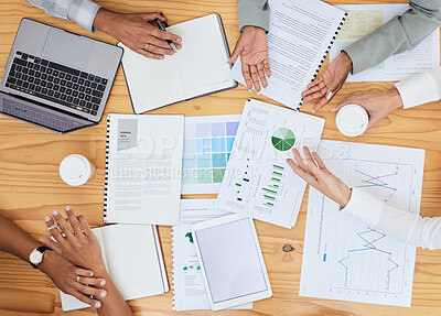 Buy stock photo Finance, meeting and business people collaboration on laptop with data, chart and graph for analytics, growth and documents from above. Teamwork, planning and financial development strategy by group 